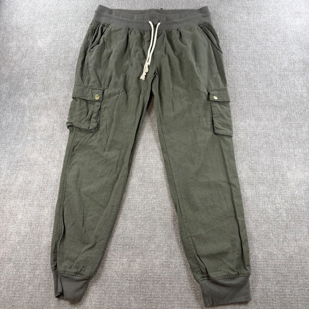 Kiss & Cry Women Olive Green Linen Blend Cargo Jogger Pants XL Drawstring